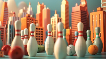 Wall Mural - Bowling Pins in a Cityscape