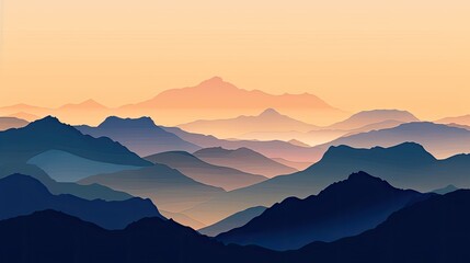 Wall Mural - A mountain range with a blue sky in the background. The mountains are covered in clouds and the sky is a mix of blue and orange