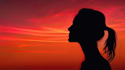 Wall Mural - A woman is silhouetted against a red and orange sky. The sky is filled with clouds and the sun is setting