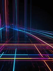 Wall Mural - Neon line background with digital tech abstraction. Light special effects backdrop. High contrast