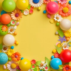 Wall Mural - Colorful Balloons and Flowers on a Yellow Background