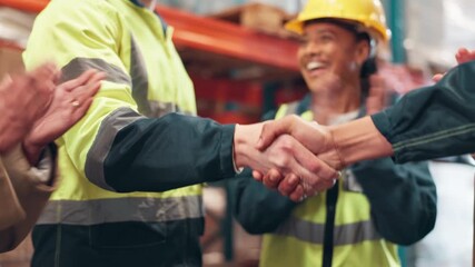 Canvas Print - Handshake, people and celebration in warehouse for collaboration, partnership and success with applause. Shaking hands, welcome and logistics industry for intro, supply chain and cooperation together