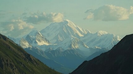 Majestic view of Mount Denali with a clear sky, providing a text area.