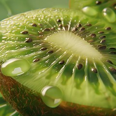 Wall Mural - A close-up of a kiwi fruit cut in half, displaying its vibrant green interior and tiny black seeds, with a focus on its juicy texture.