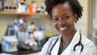 © Galib - A smiling black woman wearing scrubs and a stethoscope in a hospital setting.