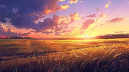 Wall Mural - Golden Sunset Over a Field of Wheat