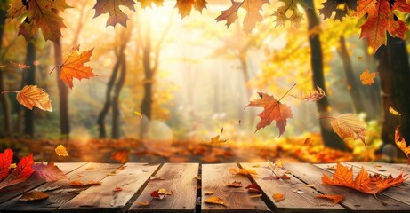 Sticker - A serene autumn forest with falling leaves captured in soft golden light, creating a cozy and peaceful atmosphere.