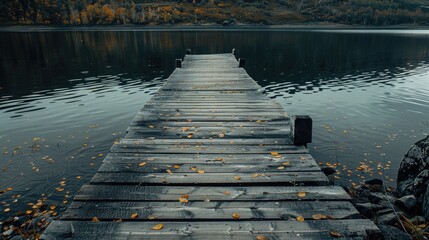 Wall Mural - A wooden pier with a dock and a body of water in the background