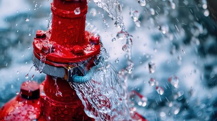 A close-up image of water spraying from a red fire hydrant, with blurred background of water droplets. Generative AI