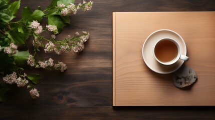 An overhead shot of a wooden table with stationery and a cup of tea