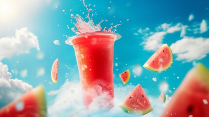 Wall Mural - A red beverage in a transparent plastic cup, floating in the cloud, surrounded by watermelon slices.