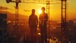© Sunshine - Construction Workers Overlooking City Skyline at Sunset with Cranes in Background