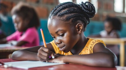 Wall Mural - A young girl is writing with a pencil on a piece of paper