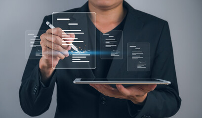 businessman interacts with holographic interface using tablet and stylus, showcasing modern digital 