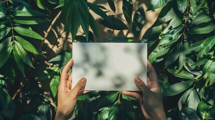 Canvas Print - A close-up shot of hands holding a blank white card against a backdrop of lush green foliage, illuminated by sunlight.