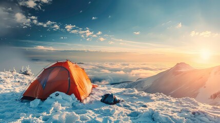 Canvas Print - A solitary tent pitched on a snow-covered mountain peak, overlooking a sea of clouds at sunset. Generative AI