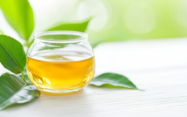 A refreshing glass of yellow tea on a white surface surrounded by green leaves and a soft, blurred background.