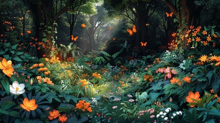 Canvas Print - Close-up view of a vibrant forest floor teeming with diverse plant and insect life, highlighting the intricate balance of biodiversity and sustainable practices. high resolution Illustration, in the