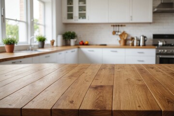 kitchen table background, wood counter top on blur of white clean abstract home interior with bokeh, dining background.