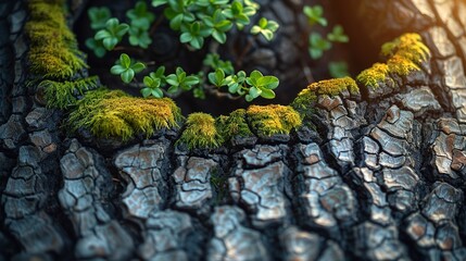 Wall Mural - Close-up view of tree bark and moss, highlighting the intricate details of biodiversity and the role of sustainable forestry in maintaining healthy ecosystems. high resolution Illustration, in the