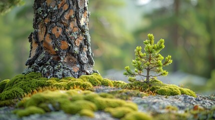 Wall Mural - Close-up view of tree bark and moss, highlighting the intricate details of biodiversity and the role of sustainable forestry in maintaining healthy ecosystems. high resolution Illustration, in the