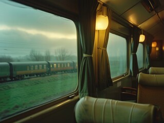 Interior view of a train car with passengers and seats