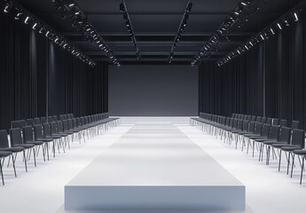 The empty runway of a fashion show in 3D before a spotlight is shining