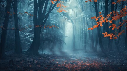 Sticker - A serene, foggy forest with towering trees and vivid orange leaves creating a mystical atmosphere.