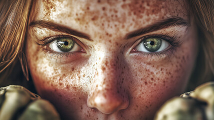 an ultra realistic close up of a soldier woman face,