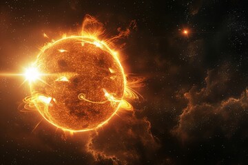 Wall Mural - 3D rendering of the sun with a black background, glowing and radiating fiery orange light, symbolizing power, energy, and cosmic beauty.