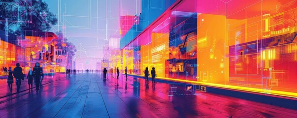 Abstract digital art depicting a virtual school campus, vivid neon hues, futuristic structures, digital interaction zones, abstract tech patterns, immersive and modern