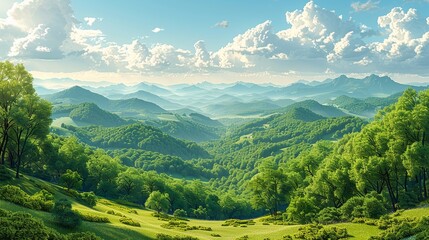 Wall Mural - Landscape view of rolling hills covered in forest, demonstrating the successful implementation of sustainable forestry practices to preserve biodiversity. high resolution Illustration, in the style