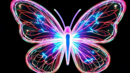 Sticker - A butterfly with neon colors and a glowing body. The butterfly is surrounded by a dark background. Concept of wonder and magic, as the butterfly's vibrant colors