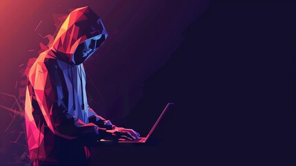 Abstract polygonal hacker with laptop on technology dark background. Cyber attack and cyber security concepts. Computer hacking. Digital technology. Man in hoodie. 3D low poly vector illustration. 
