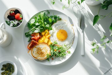 Wall Mural - Beautiful breakfast scrambled eggs pancakes and greens lay on a white plate with beautiful rays of morning sunshine