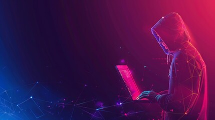 Abstract polygonal hacker with laptop on technology dark background. Cyber attack and cyber security concepts. Computer hacking. Digital technology. Man in hoodie. 3D low poly vector illustration. 