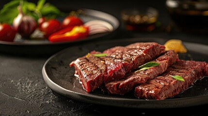 Wall Mural - Juicy grilled steak served on a black plate with fresh vegetables, perfect for gourmet dishes and culinary presentations.