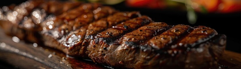 Wall Mural - Juicy grilled steak served on a wooden plate with herb garnish, showcasing its delicious char and tempting texture.