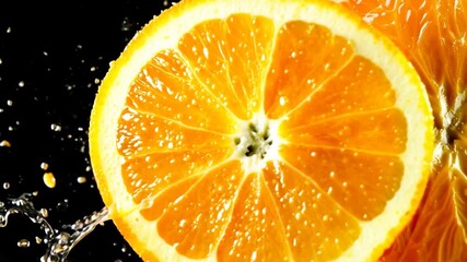 Poster - A slice of orange is being washed in a stream of water. The water is splashing around the orange, creating a playful and refreshing atmosphere