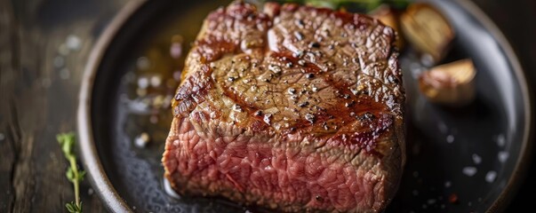 Wall Mural - Succulent seared steak served on a black plate, garnished with herbs and spices, perfect for gourmet food photography.