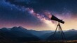 © tinnakorn - A telescope pointed at the night sky with the Milky Way galaxy visible in the background.  A mountain range is visible in the foreground.