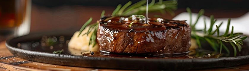 Wall Mural - Delicious tender steak drizzled with sauce, garnished with herbs, served on a rustic plate. Perfect for gourmet food photography.