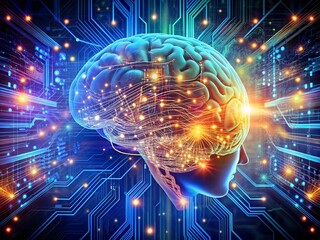 Wall Mural - 3d illustration of human brain with glowing connection lines over dark background