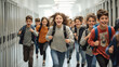 © mimi - Exuberant group of children running through a school hallway, filled with excitement and energy, signaling the joyous moments of school life.