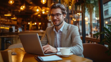 Poster - Energetic young businessman working on a laptop with a cup of coffee and a notebook.