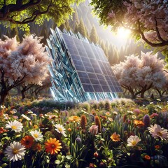 Blossoming Solar: Garden with flowers and solar panel array