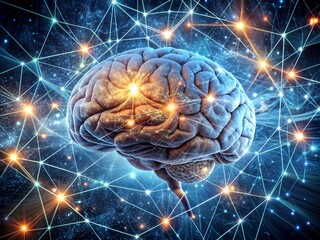 Wall Mural - 3d illustration of human brain with glowing connection lines over dark background