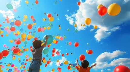 Children Joyfully Reach for Colorful Balloons in a Clear Blue Sky