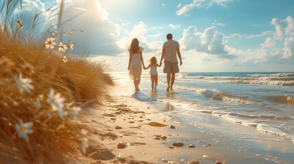 Family Walking on Beach at Sunset