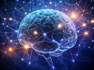 Wall Mural - 3d illustration of human brain with glowing connection lines over dark background